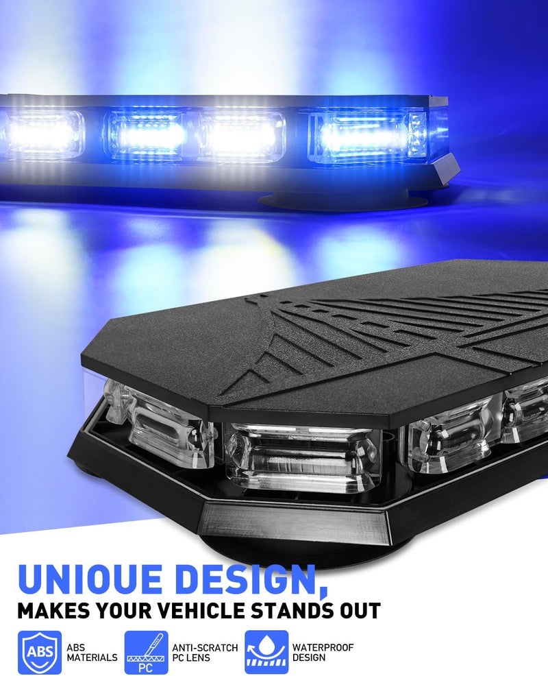 HLauto 406D Rooftop Emergency Strobe Lights Bar, 102 LED Blue White Mini Beacon Safety Flashing Warning Traffic Lights Bar w/Magnetic Base for 12-24V Trucks, Construction Vehicles, Snowplow, Cars - Image 2